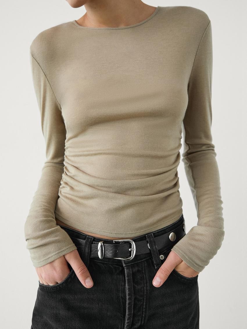 Massimo Dutti Semitransparent Ruffled Women T-Shirt Brown Beige | US-ZH1296540