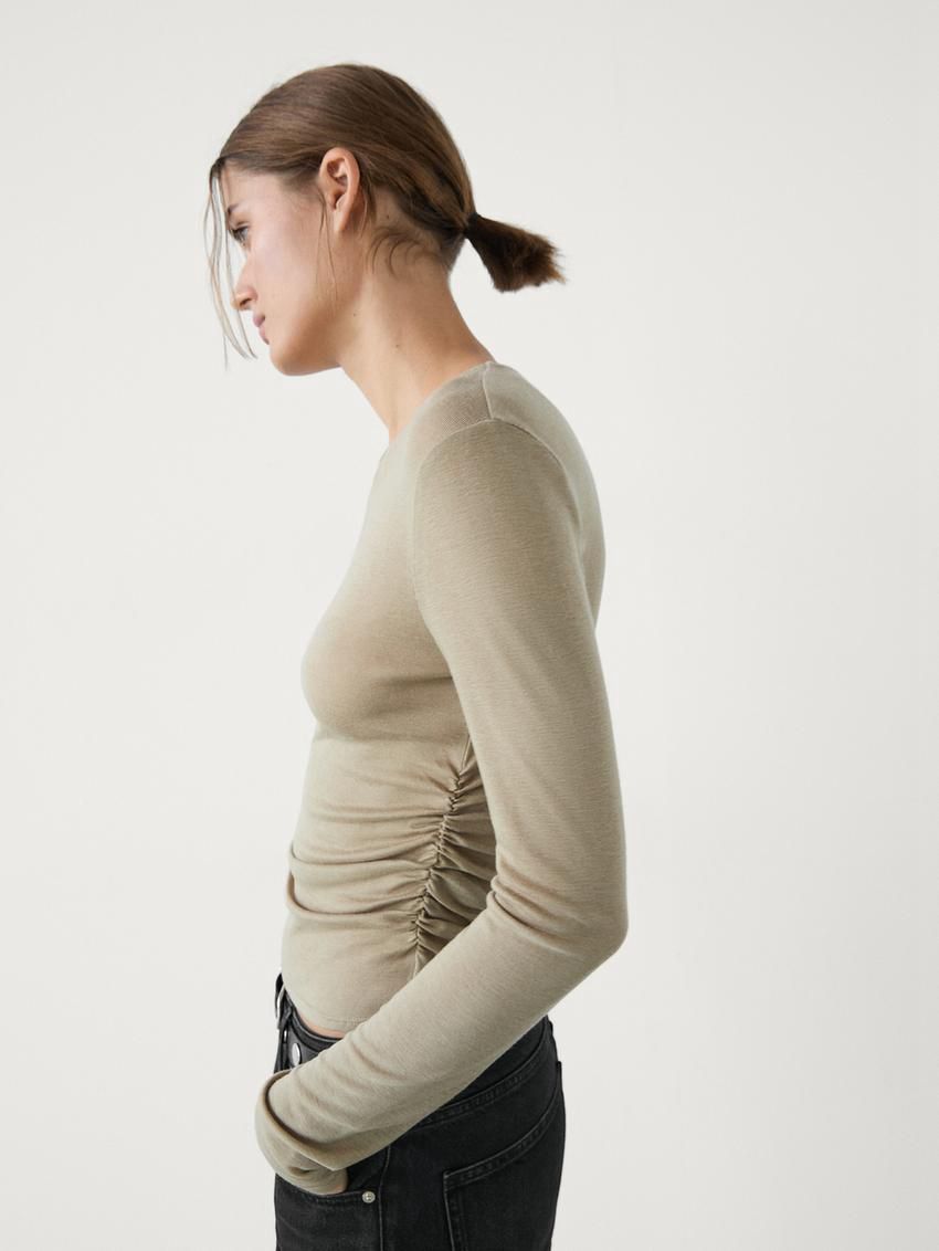 Massimo Dutti Semitransparent Ruffled Women T-Shirt Brown Beige | US-ZH1296540