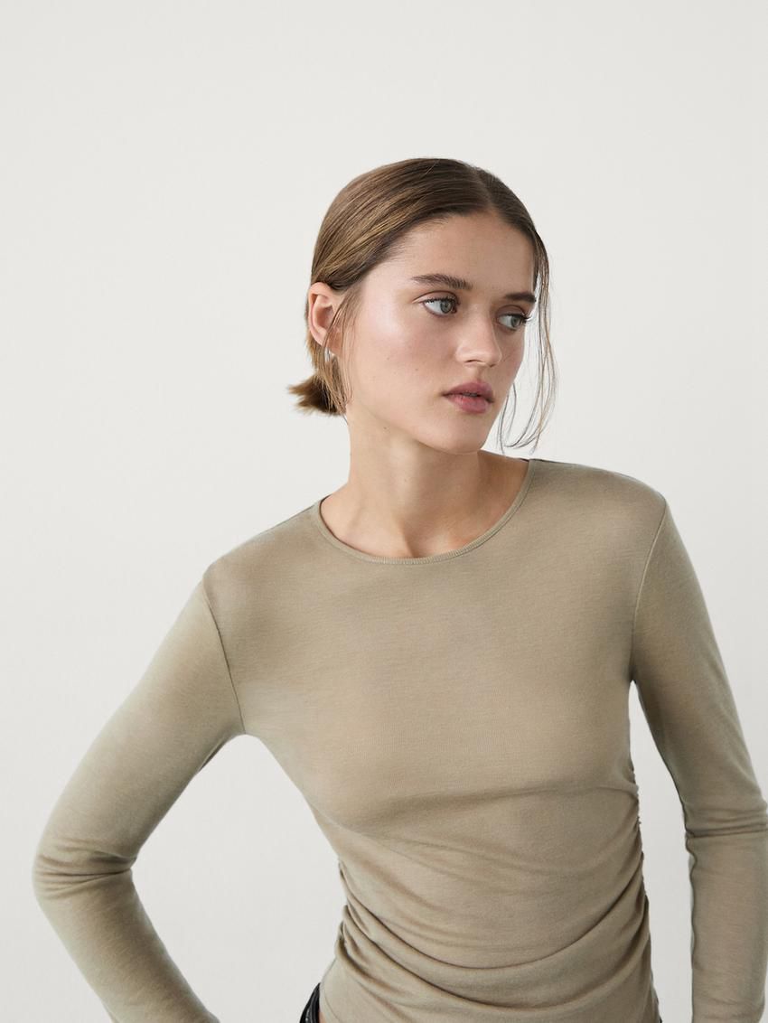 Massimo Dutti Semitransparent Ruffled Women T-Shirt Brown Beige | US-ZH1296540