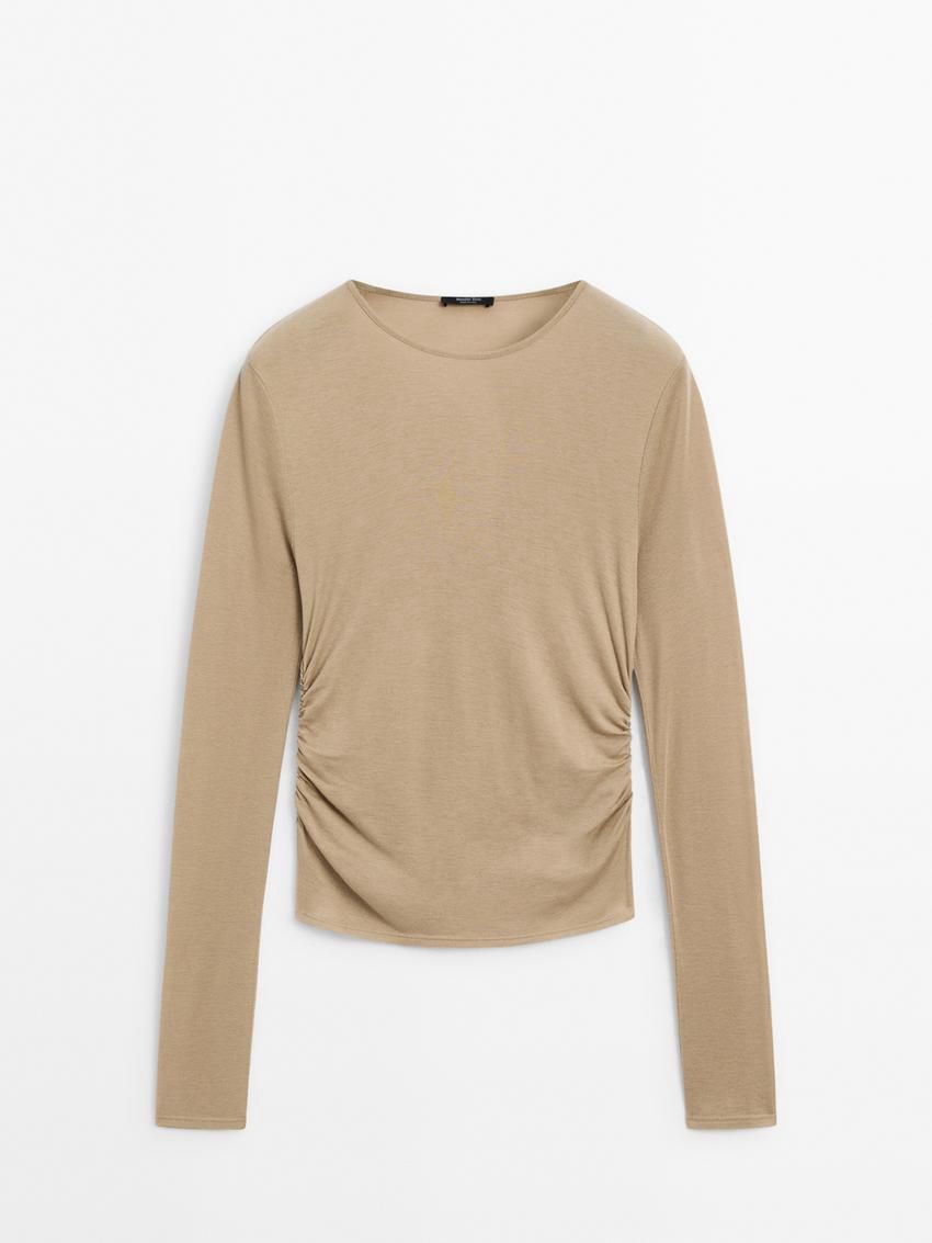 Massimo Dutti Semitransparent Ruffled Women T-Shirt Brown Beige | US-ZH1296540