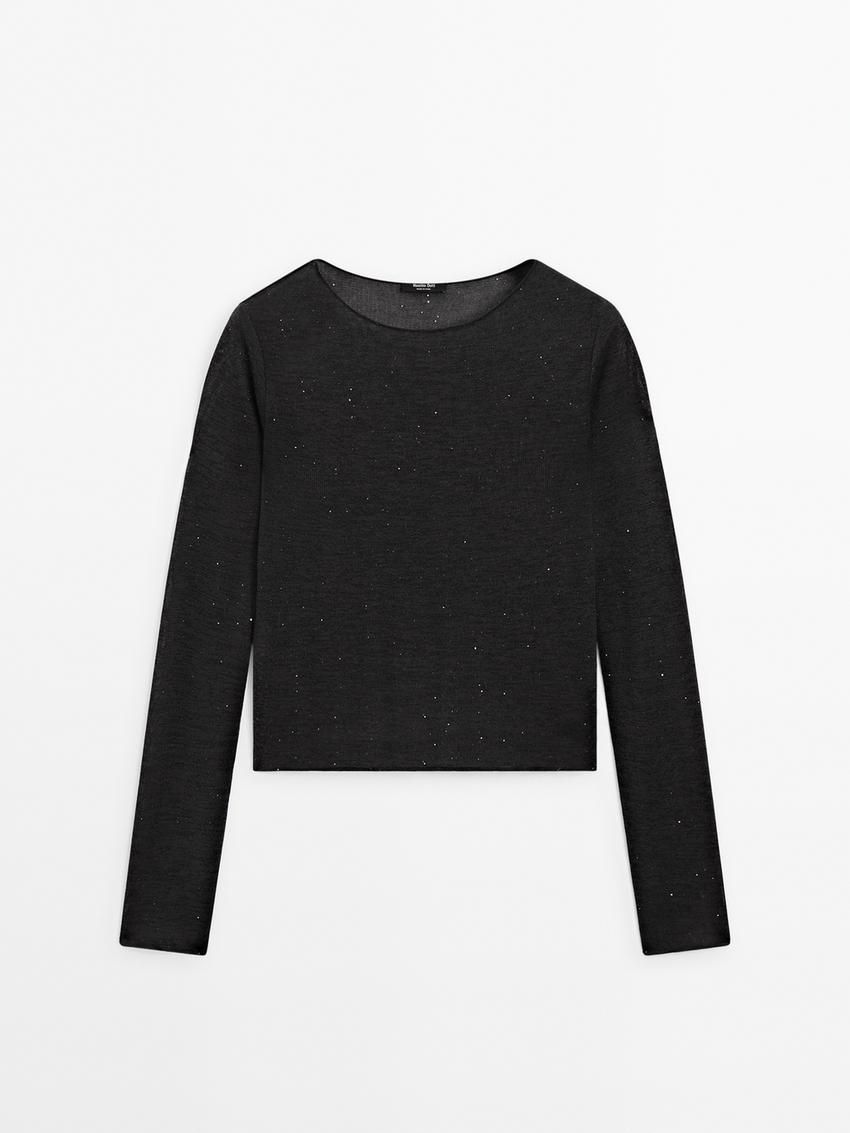 Massimo Dutti Shiny Knit With Micro-sequins Women T-Shirt Black | US-SG0189526