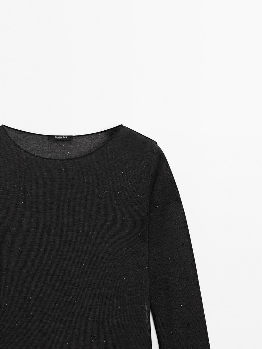 Massimo Dutti Shiny Knit With Micro-sequins Women T-Shirt Black | US-SG0189526