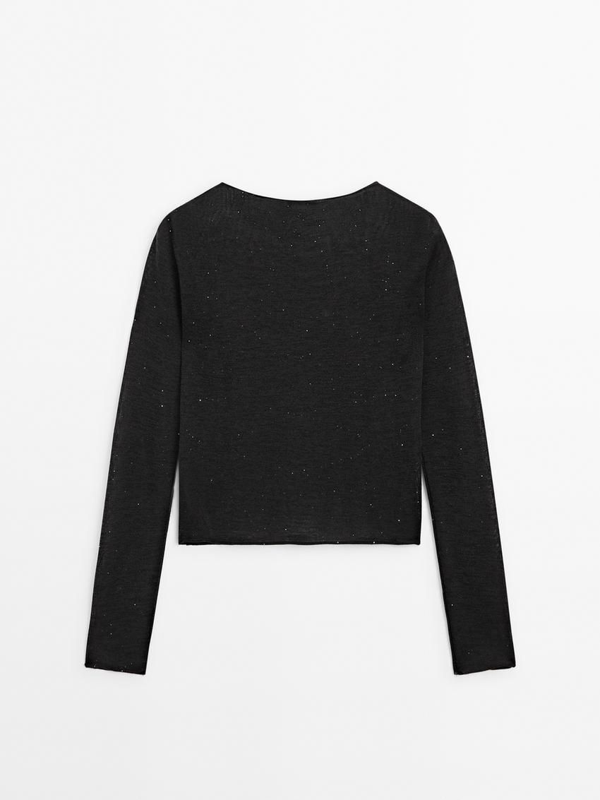 Massimo Dutti Shiny Knit With Micro-sequins Women T-Shirt Black | US-SG0189526