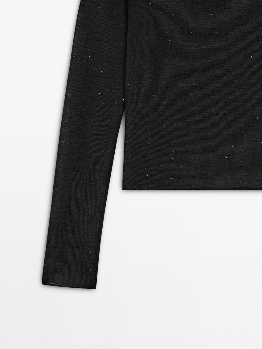 Massimo Dutti Shiny Knit With Micro-sequins Women T-Shirt Black | US-SG0189526
