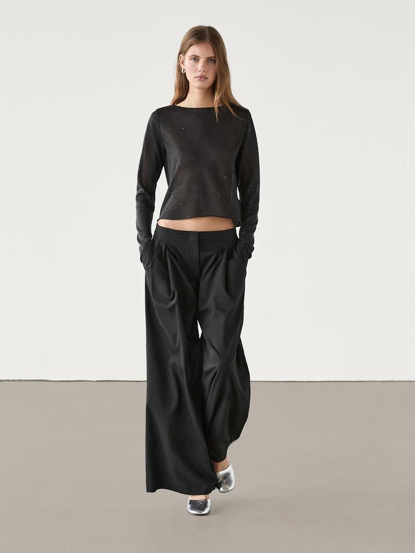 Massimo Dutti Shiny Knit With Micro-sequins Women T-Shirt Black | US-SG0189526