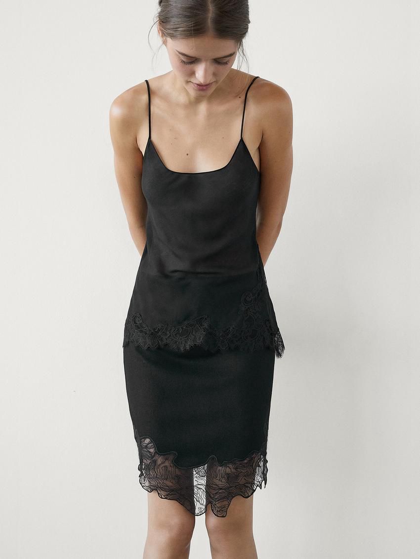 Massimo Dutti Short Asymmetric Lace-trimmed Women Skirts Black | US-OB8456970