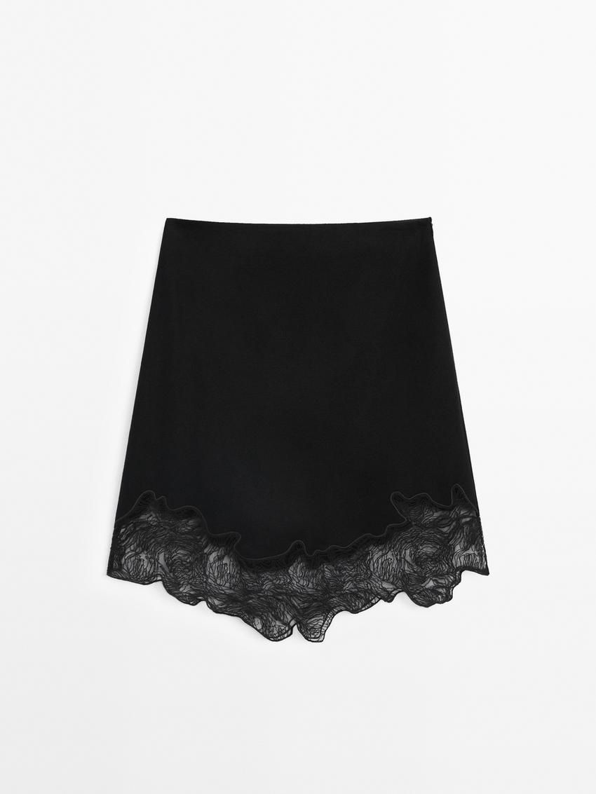 Massimo Dutti Short Asymmetric Lace-trimmed Women Skirts Black | US-OB8456970