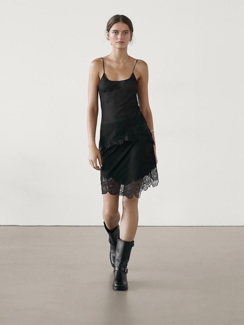 Massimo Dutti Short Asymmetric Lace-trimmed Women Skirts Black | US-OB8456970
