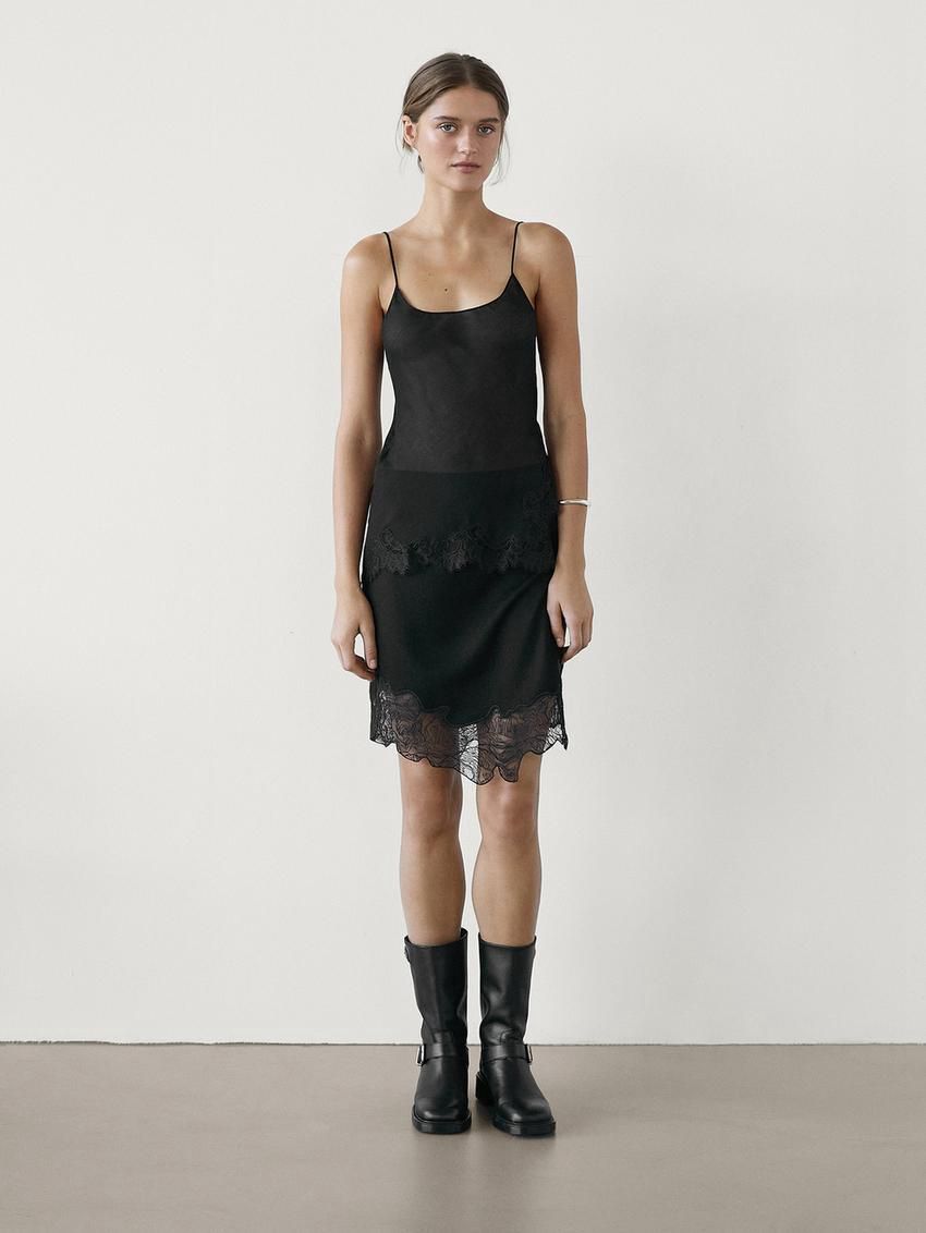 Massimo Dutti Short Asymmetric Lace-trimmed Women Skirts Black | US-OB8456970