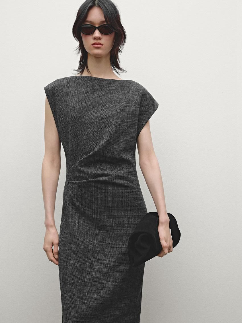 Massimo Dutti Short Check Wool Blend Women Dress Dark Grey | US-JH7514862