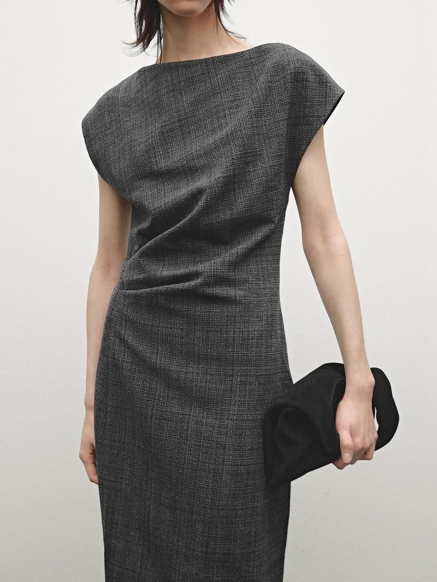 Massimo Dutti Short Check Wool Blend Women Dress Dark Grey | US-JH7514862