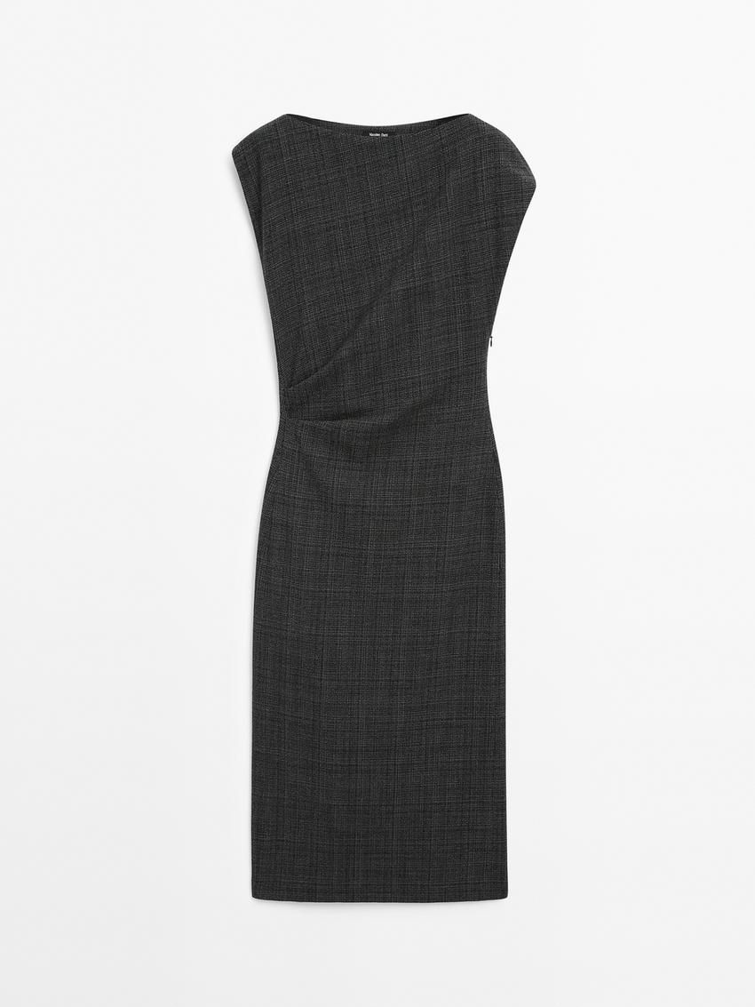 Massimo Dutti Short Check Wool Blend Women Dress Dark Grey | US-JH7514862