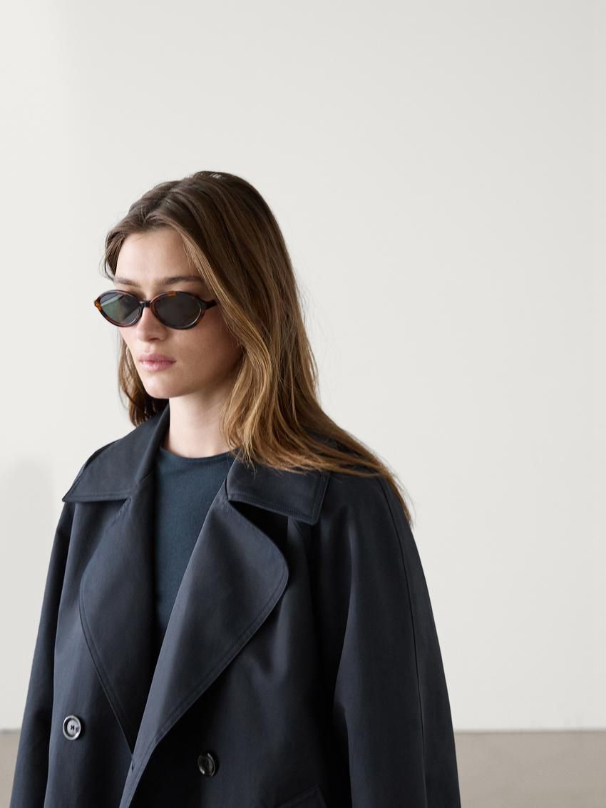 Massimo Dutti Short Cotton Blend With Tab Details Women Trench Coat Dark Blue | US-QC9745182