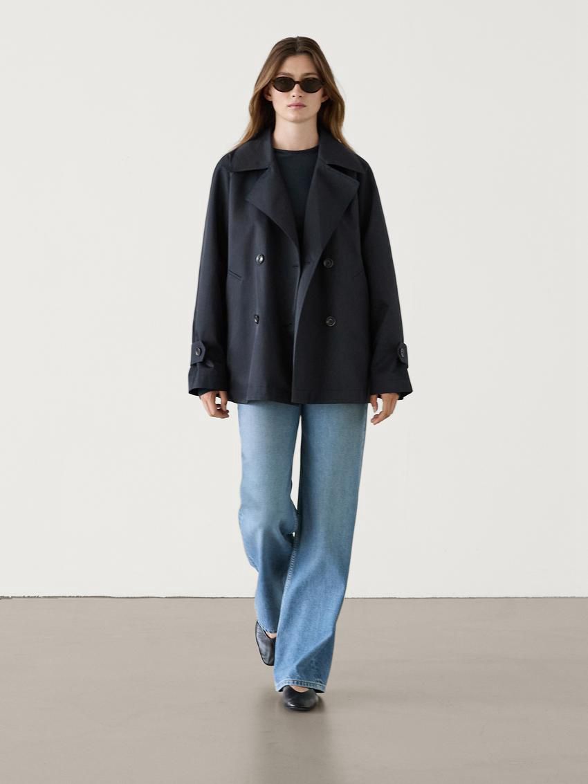 Massimo Dutti Short Cotton Blend With Tab Details Women Trench Coat Dark Blue | US-QC9745182