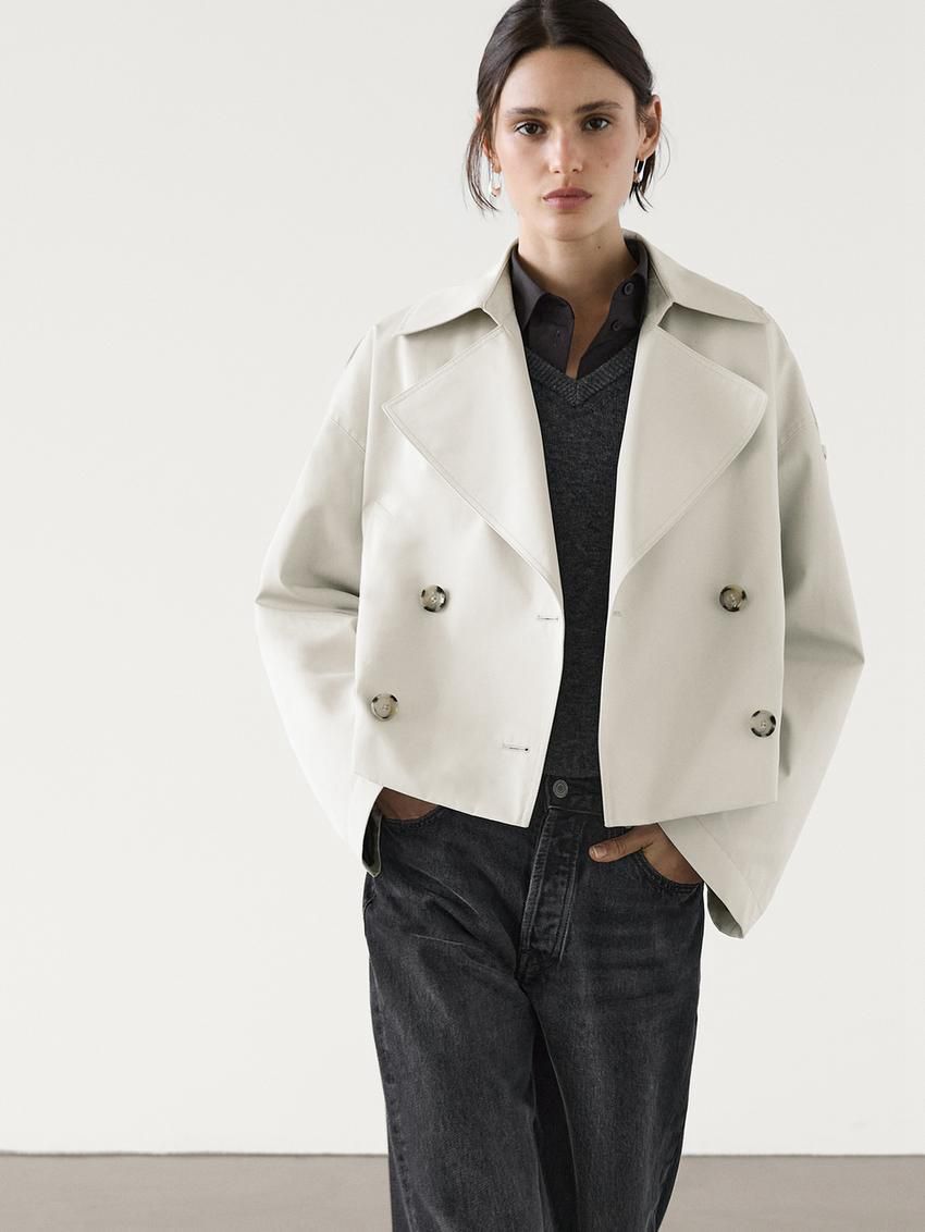 Massimo Dutti Short Cotton With Lapel Women Trench Coat Cream | US-DR2318970