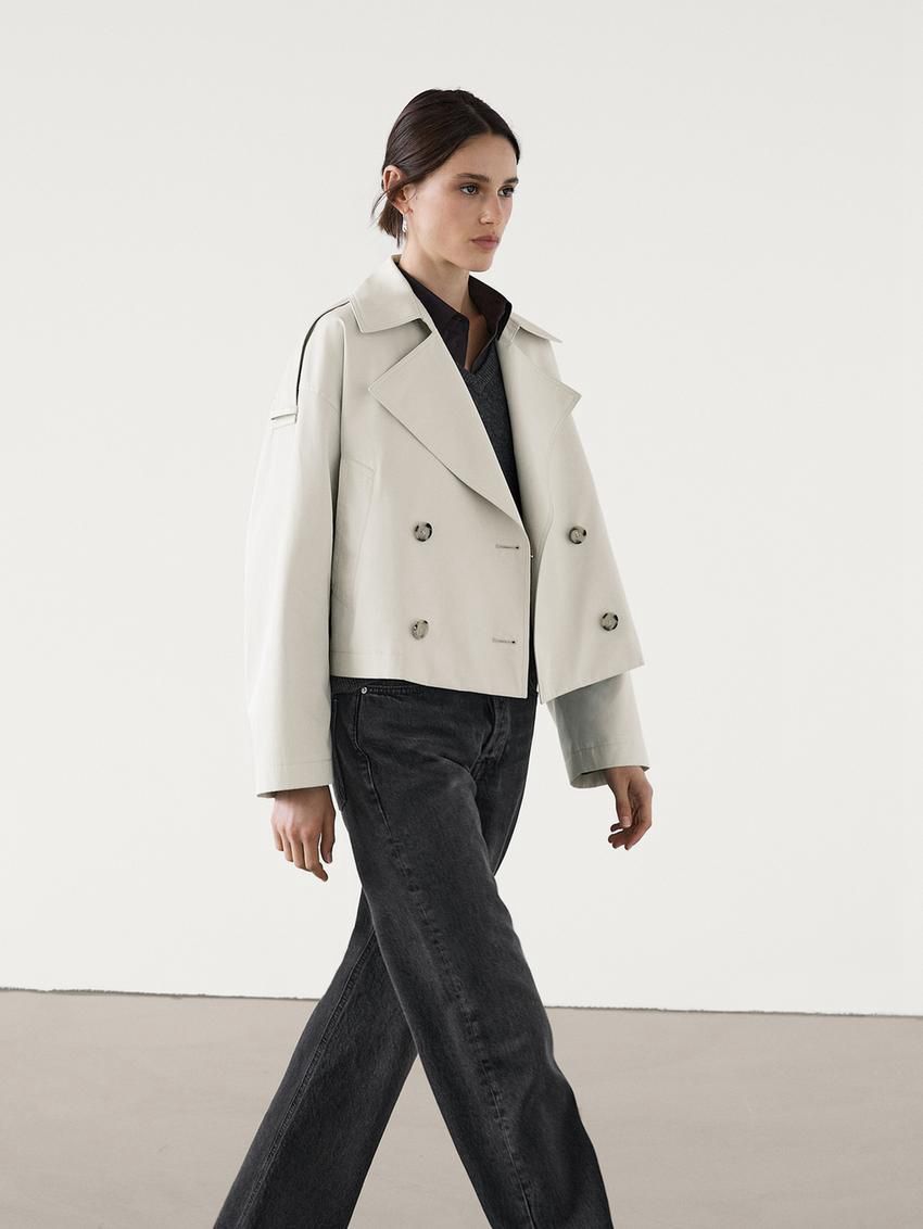 Massimo Dutti Short Cotton With Lapel Women Trench Coat Cream | US-DR2318970