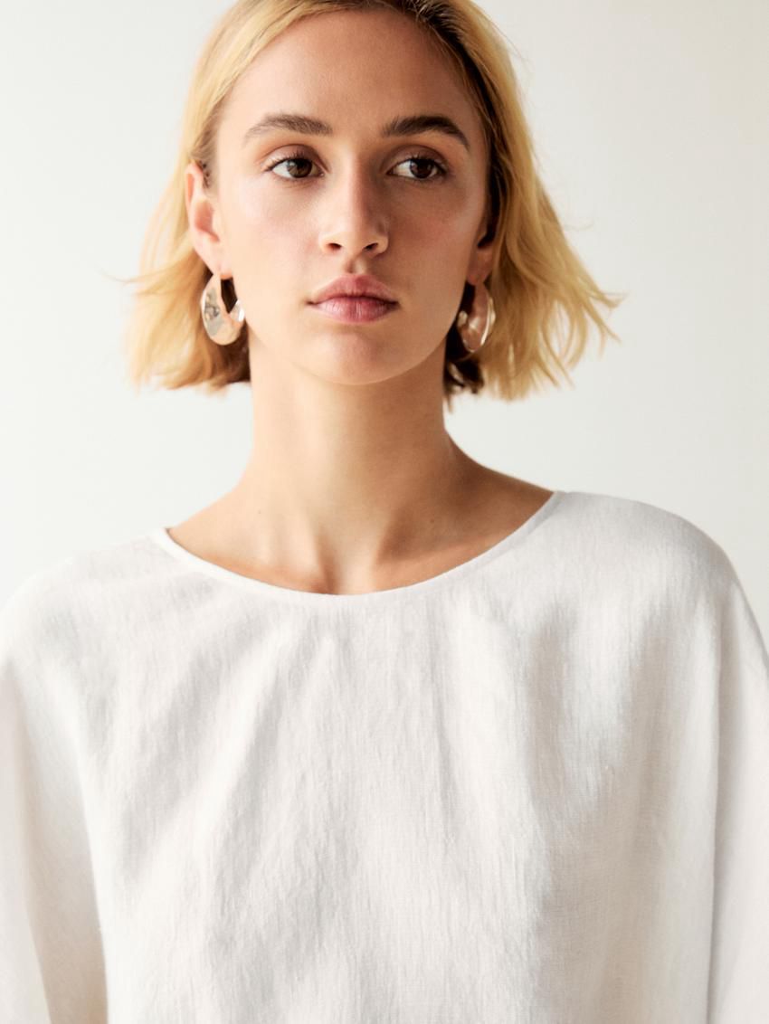 Massimo Dutti Short Linen Blend With Puff Sleeves Women Dress White | US-PM4258901