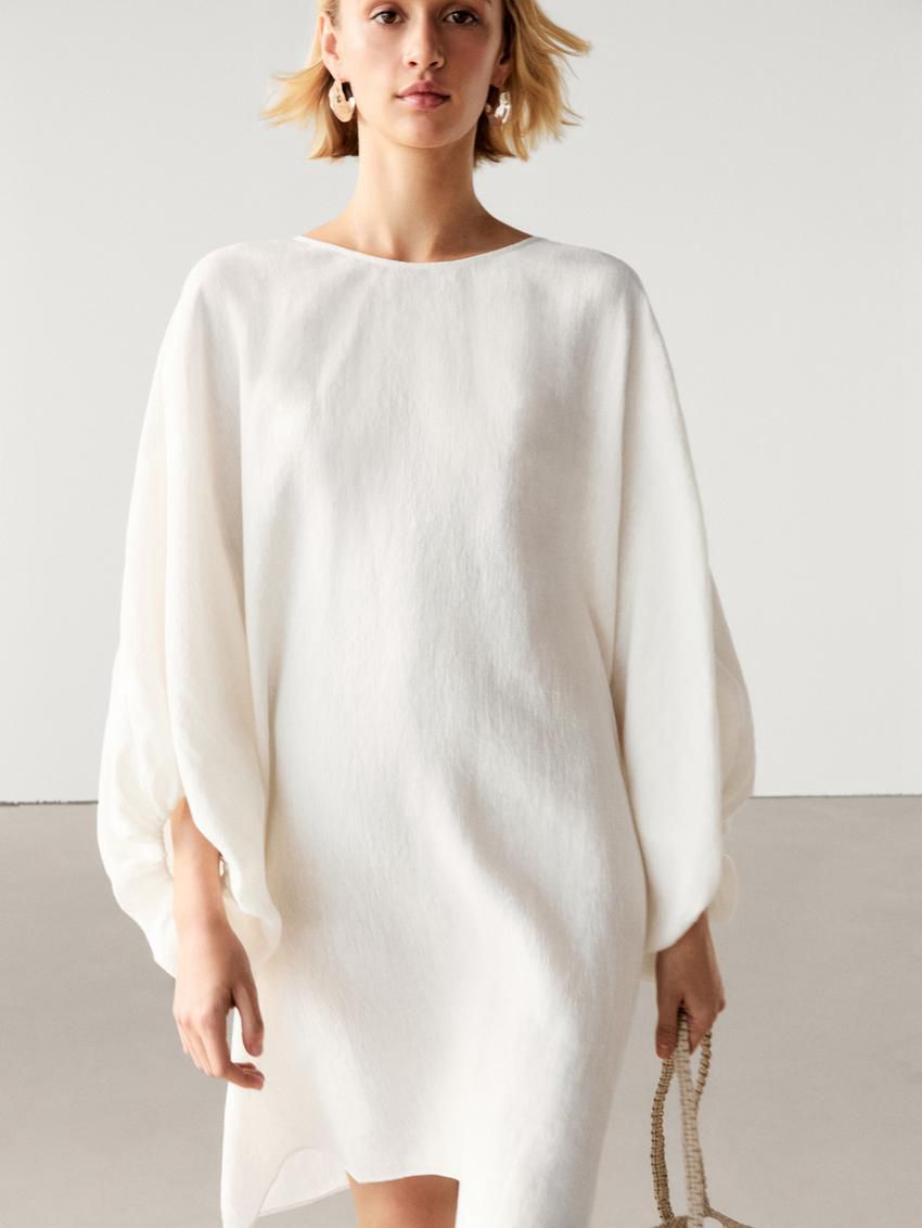 Massimo Dutti Short Linen Blend With Puff Sleeves Women Dress White | US-PM4258901
