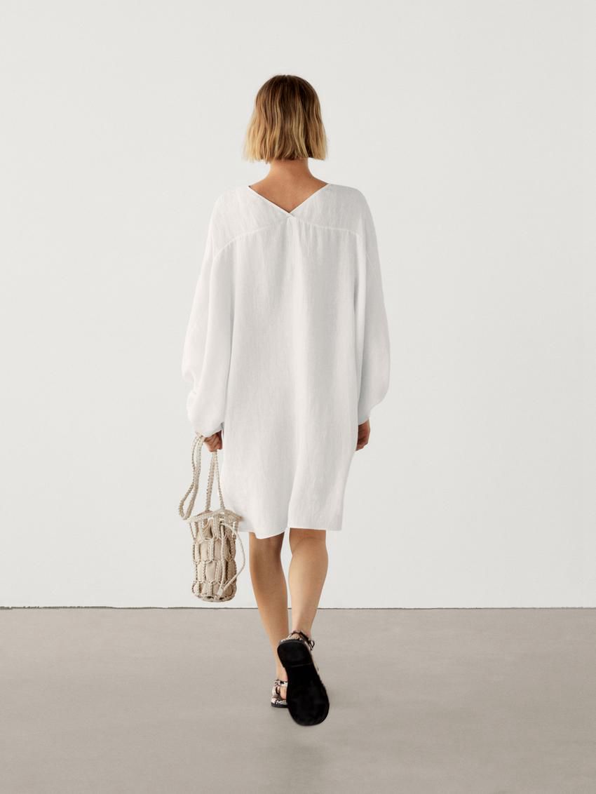 Massimo Dutti Short Linen Blend With Puff Sleeves Women Dress White | US-PM4258901