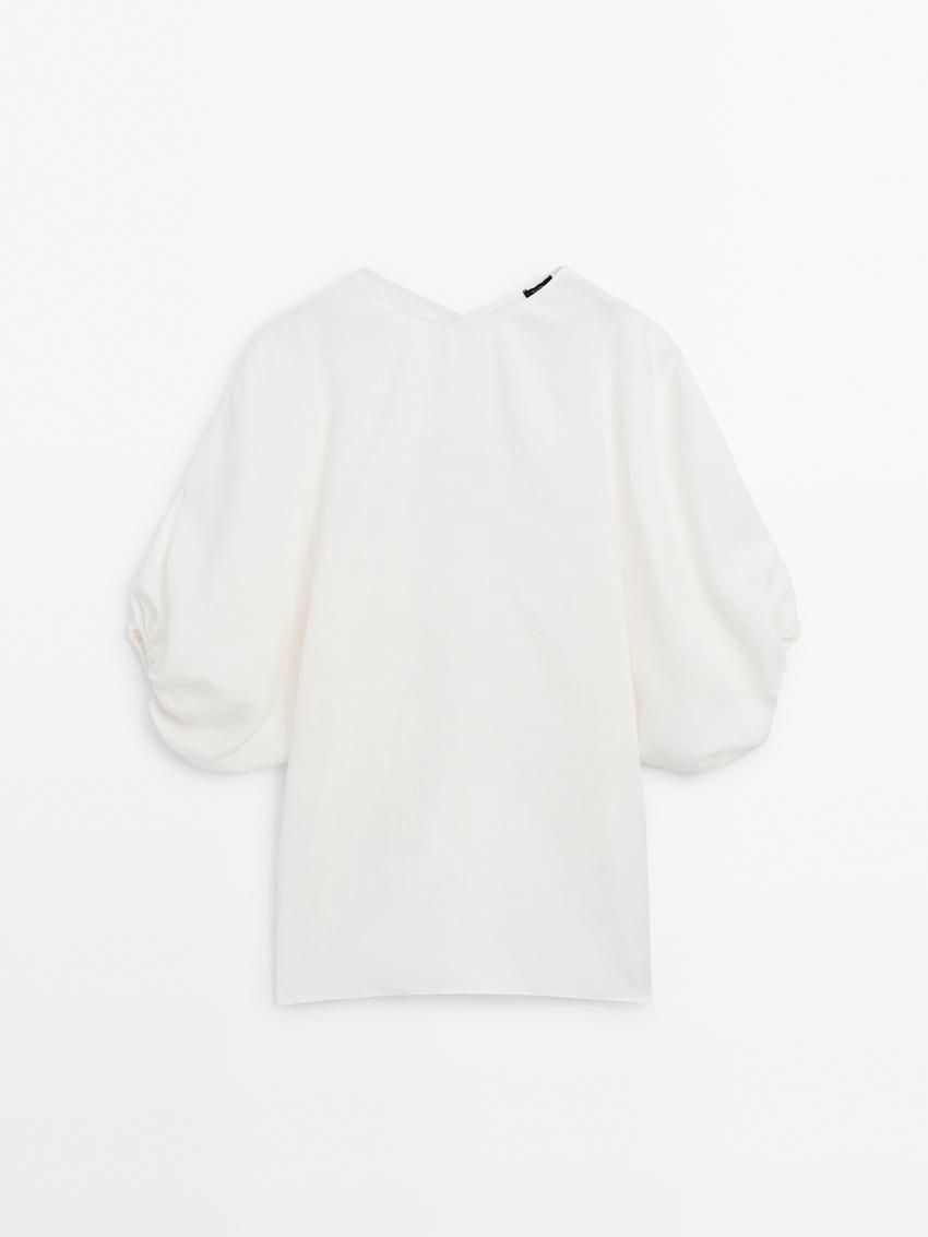 Massimo Dutti Short Linen Blend With Puff Sleeves Women Dress White | US-PM4258901