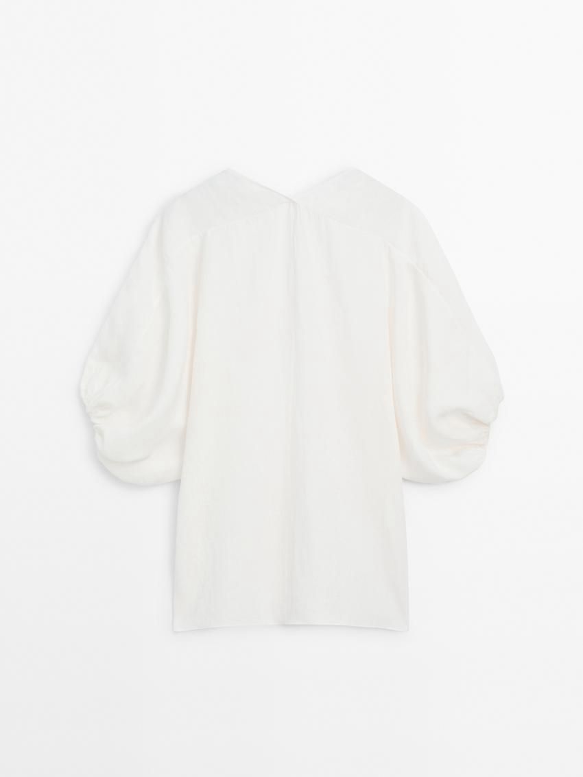 Massimo Dutti Short Linen Blend With Puff Sleeves Women Dress White | US-PM4258901