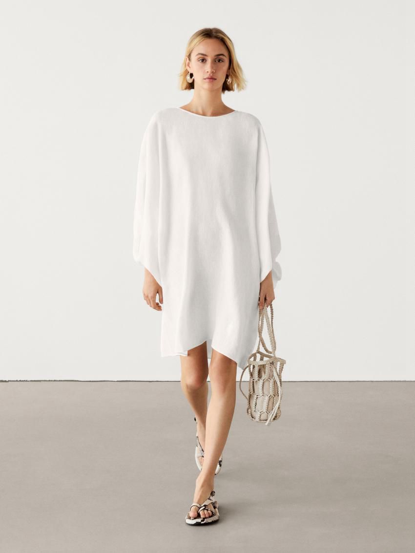 Massimo Dutti Short Linen Blend With Puff Sleeves Women Dress White | US-PM4258901