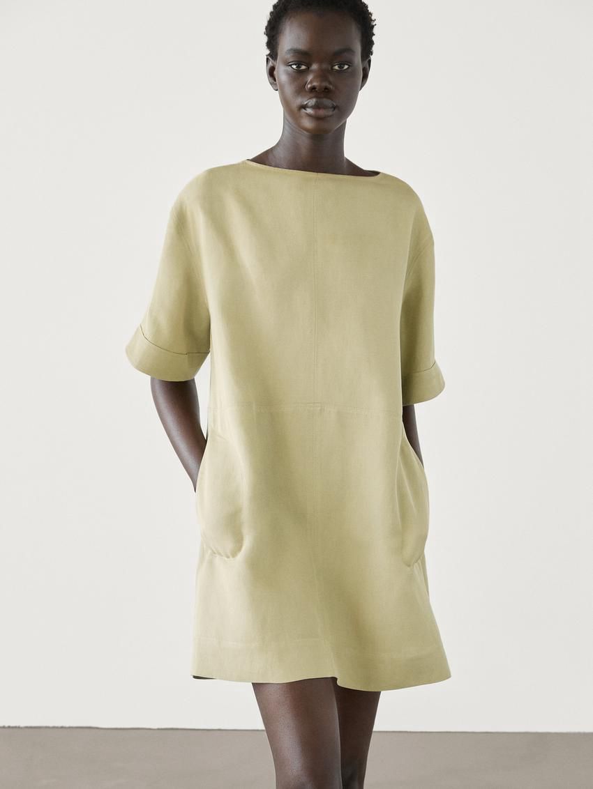 Massimo Dutti Short Linen Blend Women Dress Light Green | US-FX7530412