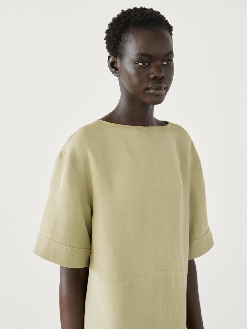 Massimo Dutti Short Linen Blend Women Dress Light Green | US-FX7530412