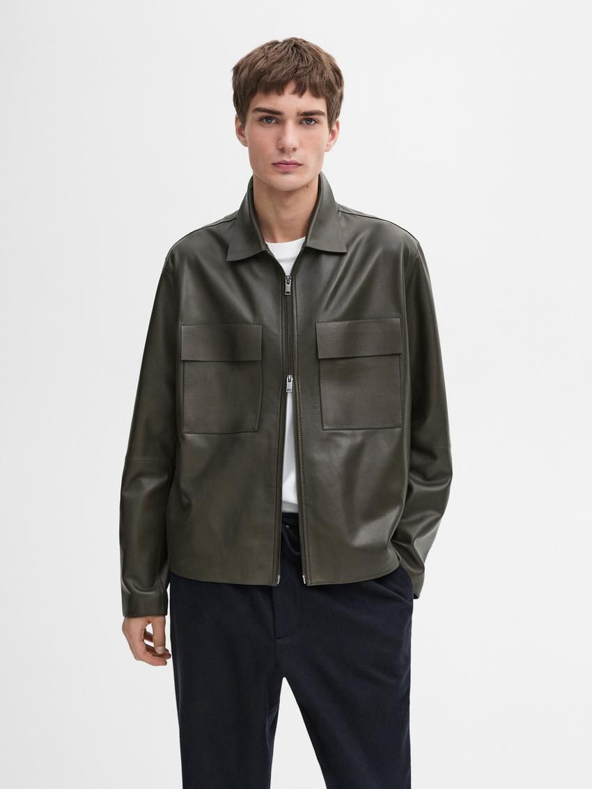 Massimo Dutti Short Nappa Men Leather Jacket Dark Khaki | US-YN7231904