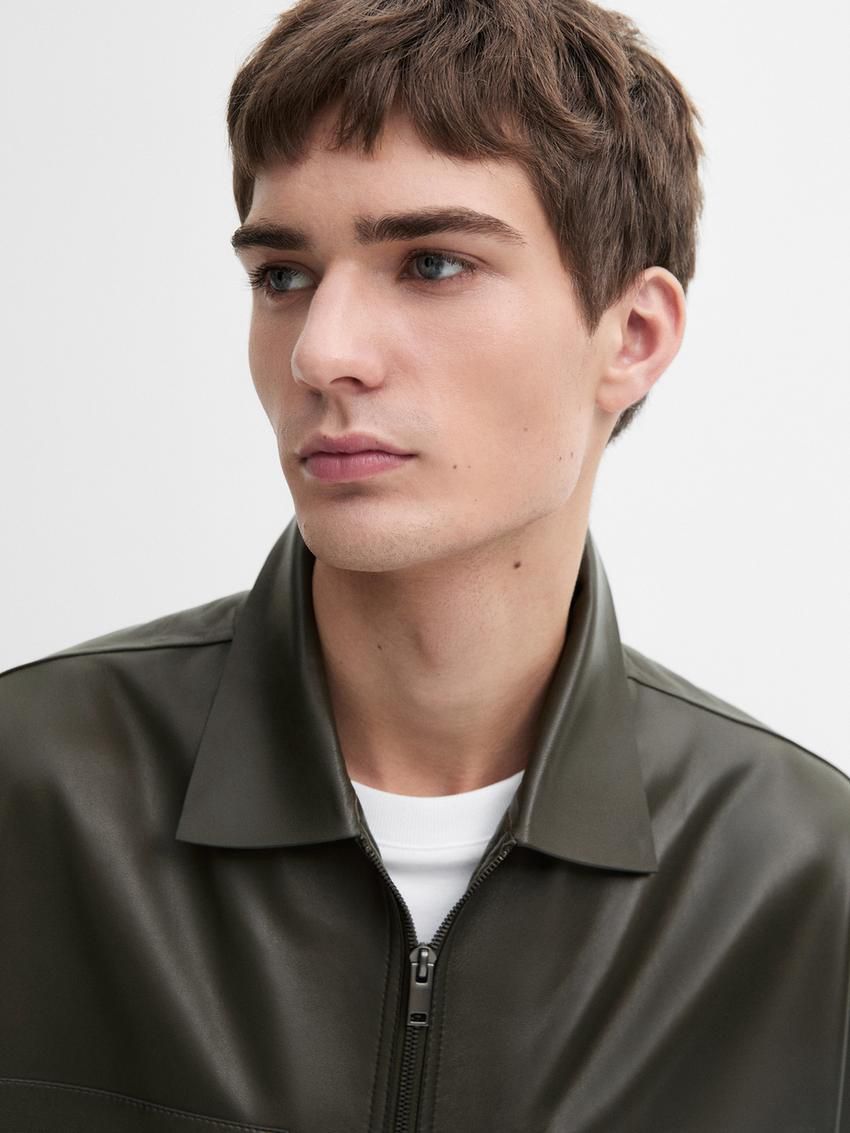 Massimo Dutti Short Nappa Men Leather Jacket Dark Khaki | US-YN7231904