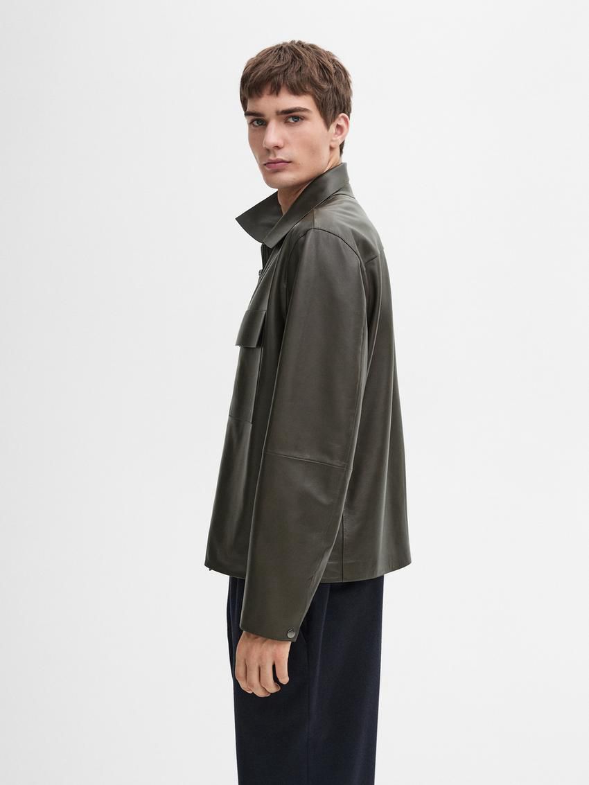 Massimo Dutti Short Nappa Men Leather Jacket Dark Khaki | US-YN7231904
