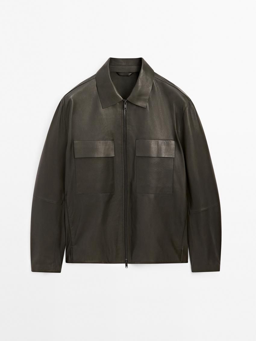 Massimo Dutti Short Nappa Men Leather Jacket Dark Khaki | US-YN7231904
