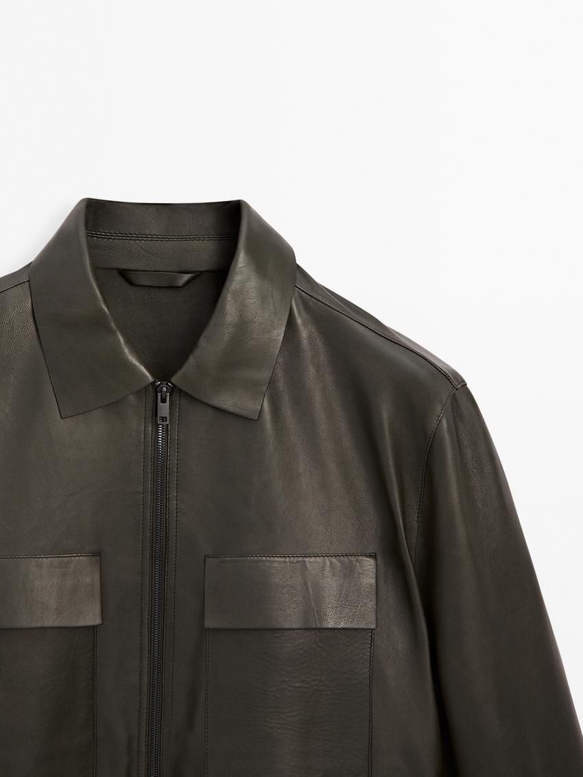 Massimo Dutti Short Nappa Men Leather Jacket Dark Khaki | US-YN7231904