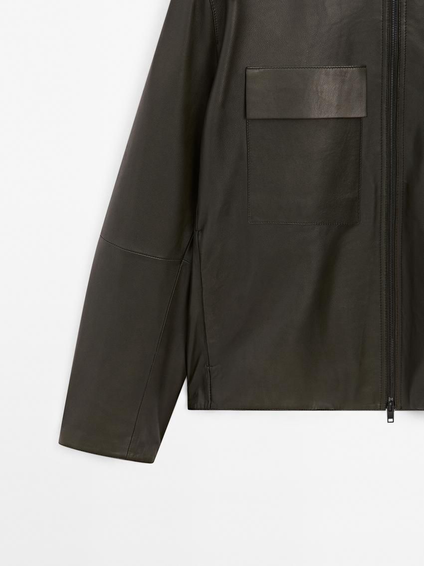 Massimo Dutti Short Nappa Men Leather Jacket Dark Khaki | US-YN7231904