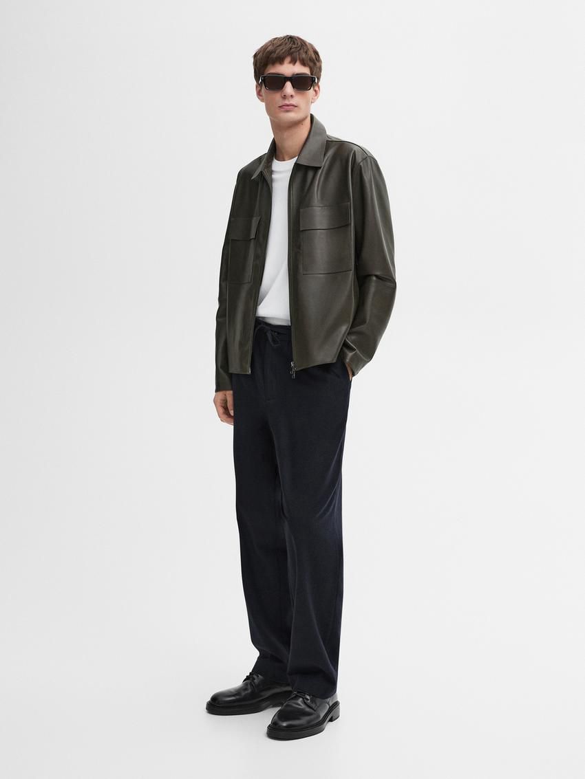 Massimo Dutti Short Nappa Men Leather Jacket Dark Khaki | US-YN7231904