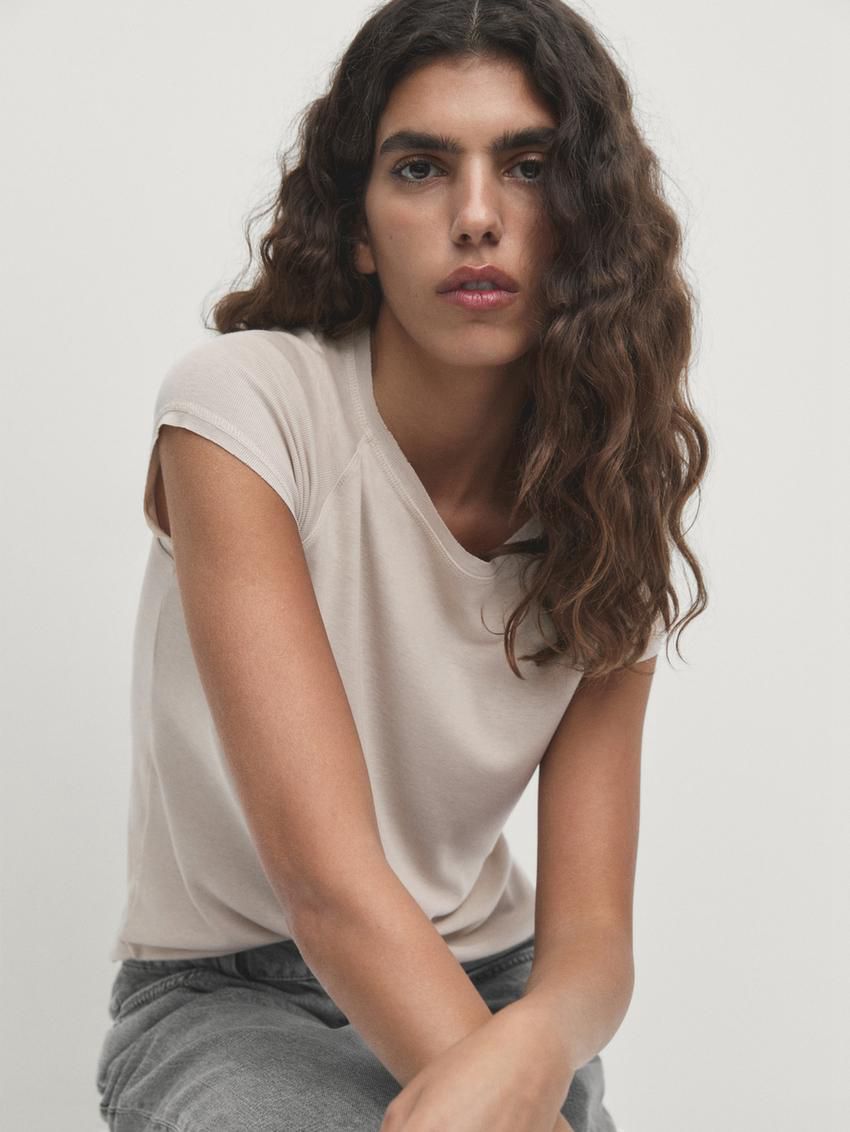 Massimo Dutti Short Raglan Sleeves Women T-Shirt Beige | US-UA0416725