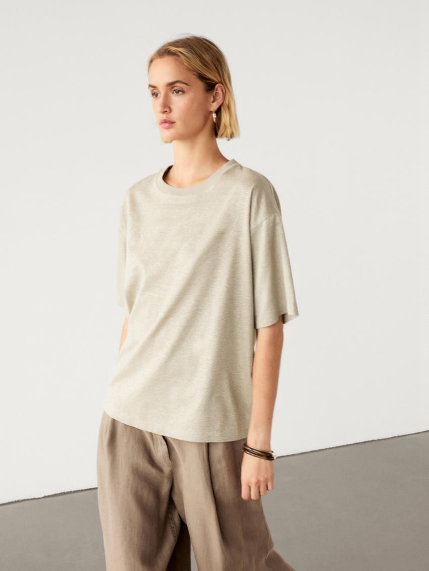 Massimo Dutti Short Sleeve Boyfriend Women T-Shirt Khaki | US-HM2596813