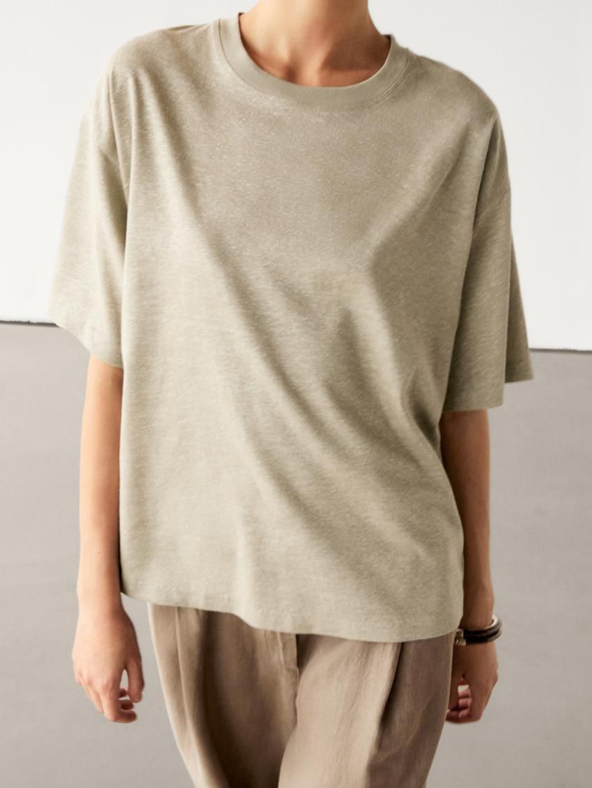Massimo Dutti Short Sleeve Boyfriend Women T-Shirt Khaki | US-HM2596813