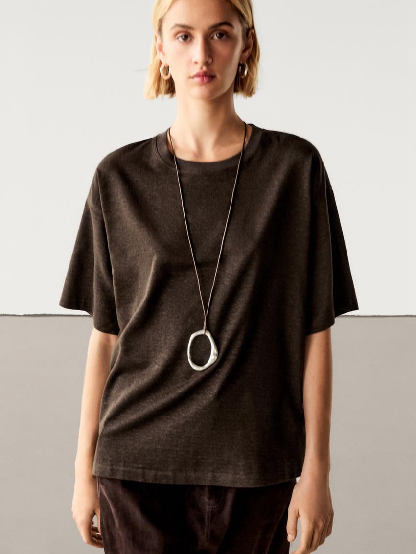 Massimo Dutti Short Sleeve Boyfriend Women T-Shirt Dark Brown | US-VQ4802597