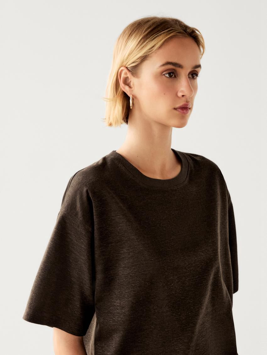 Massimo Dutti Short Sleeve Boyfriend Women T-Shirt Dark Brown | US-VQ4802597