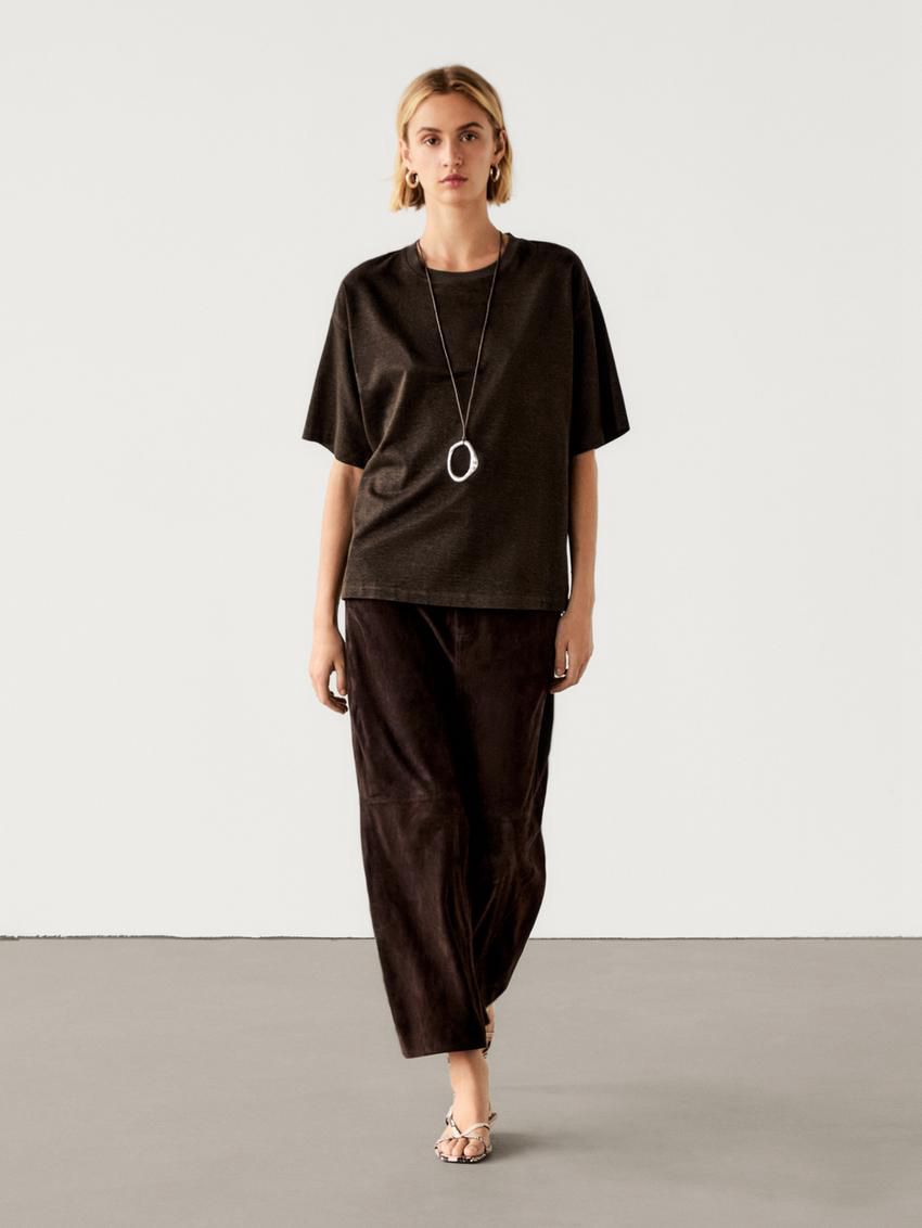 Massimo Dutti Short Sleeve Boyfriend Women T-Shirt Dark Brown | US-VQ4802597