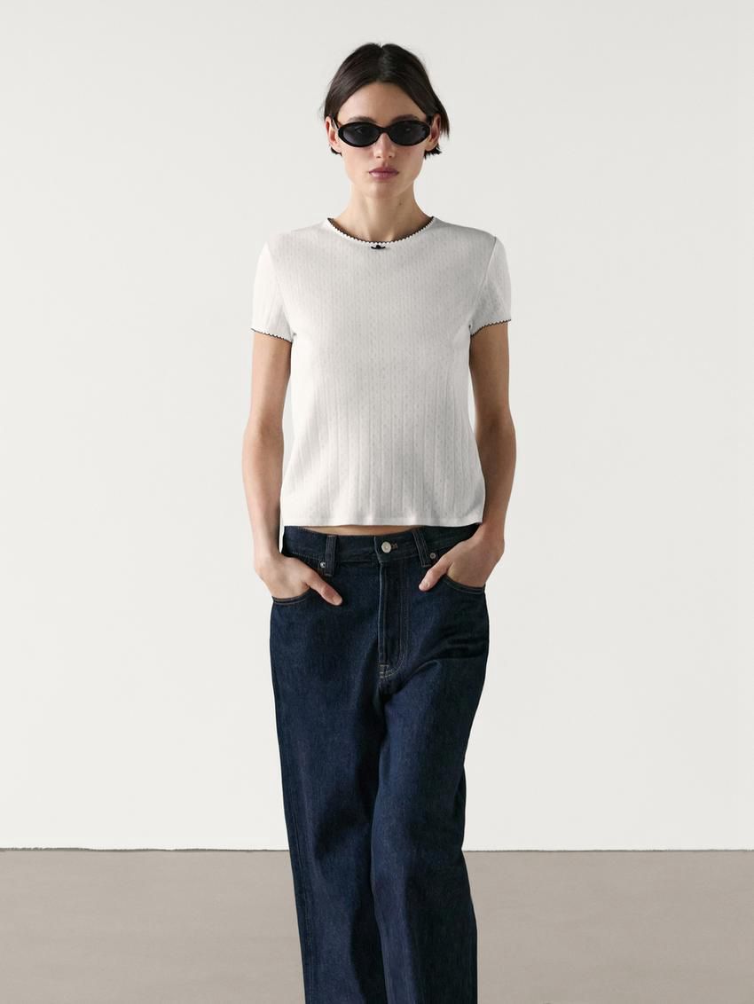 Massimo Dutti Short Sleeve Contrast With Bow Detail Women T-Shirt Cream | US-HF2341856