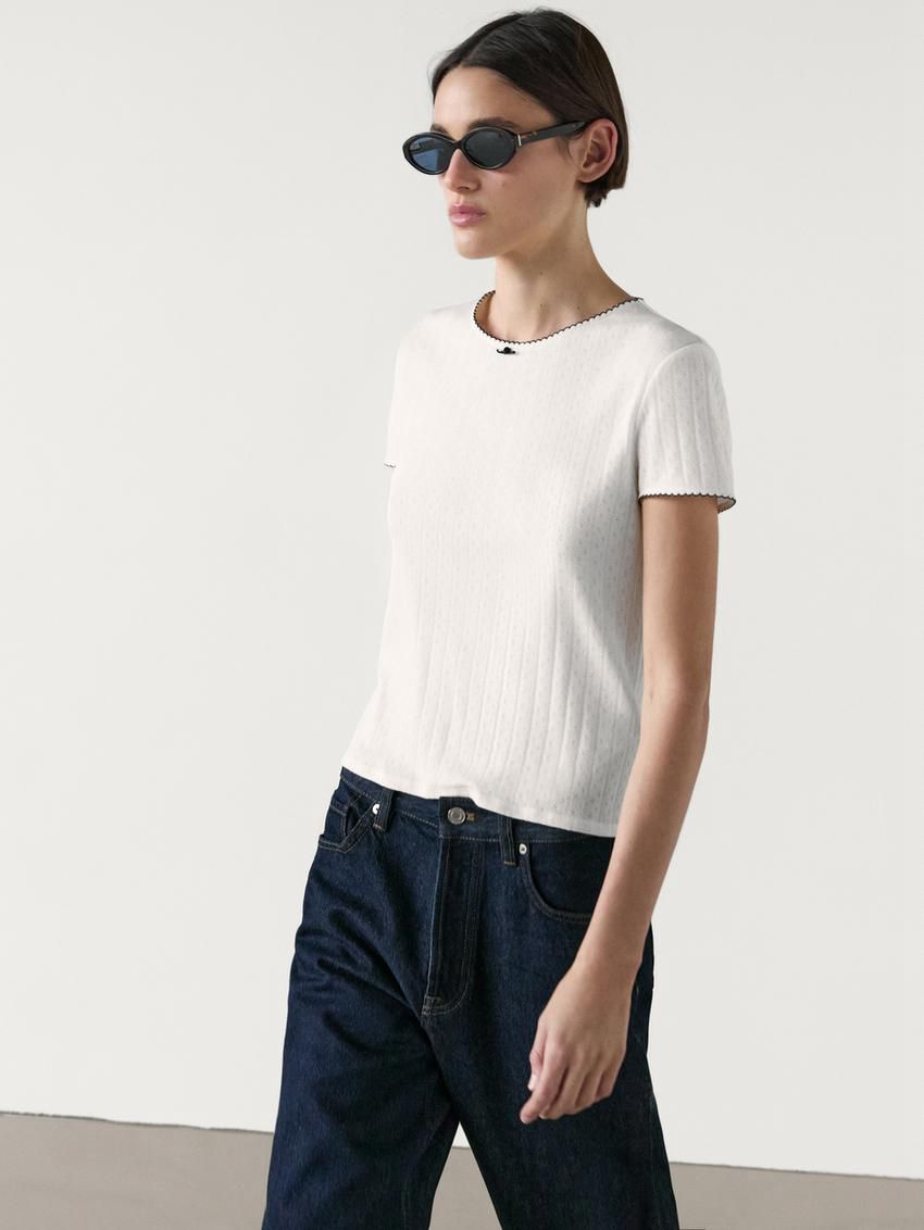 Massimo Dutti Short Sleeve Contrast With Bow Detail Women T-Shirt Cream | US-HF2341856