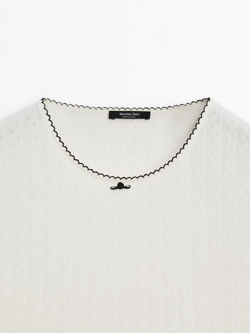 Massimo Dutti Short Sleeve Contrast With Bow Detail Women T-Shirt Cream | US-HF2341856