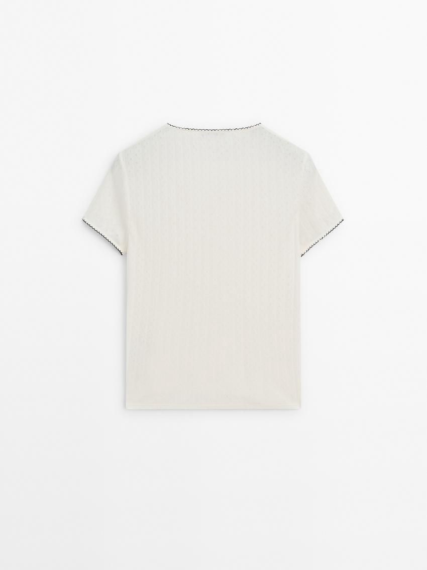 Massimo Dutti Short Sleeve Contrast With Bow Detail Women T-Shirt Cream | US-HF2341856