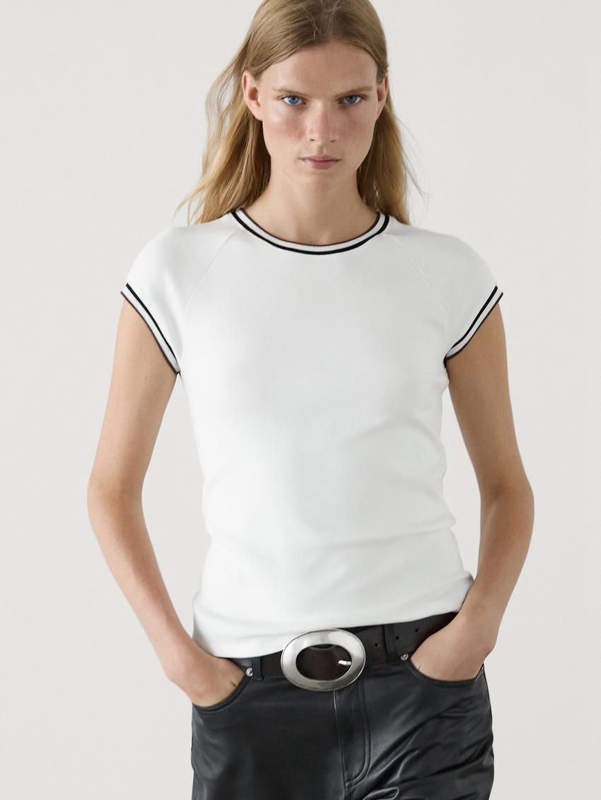 Massimo Dutti Short Sleeve Contrast Women T-Shirt White | US-AK3081247