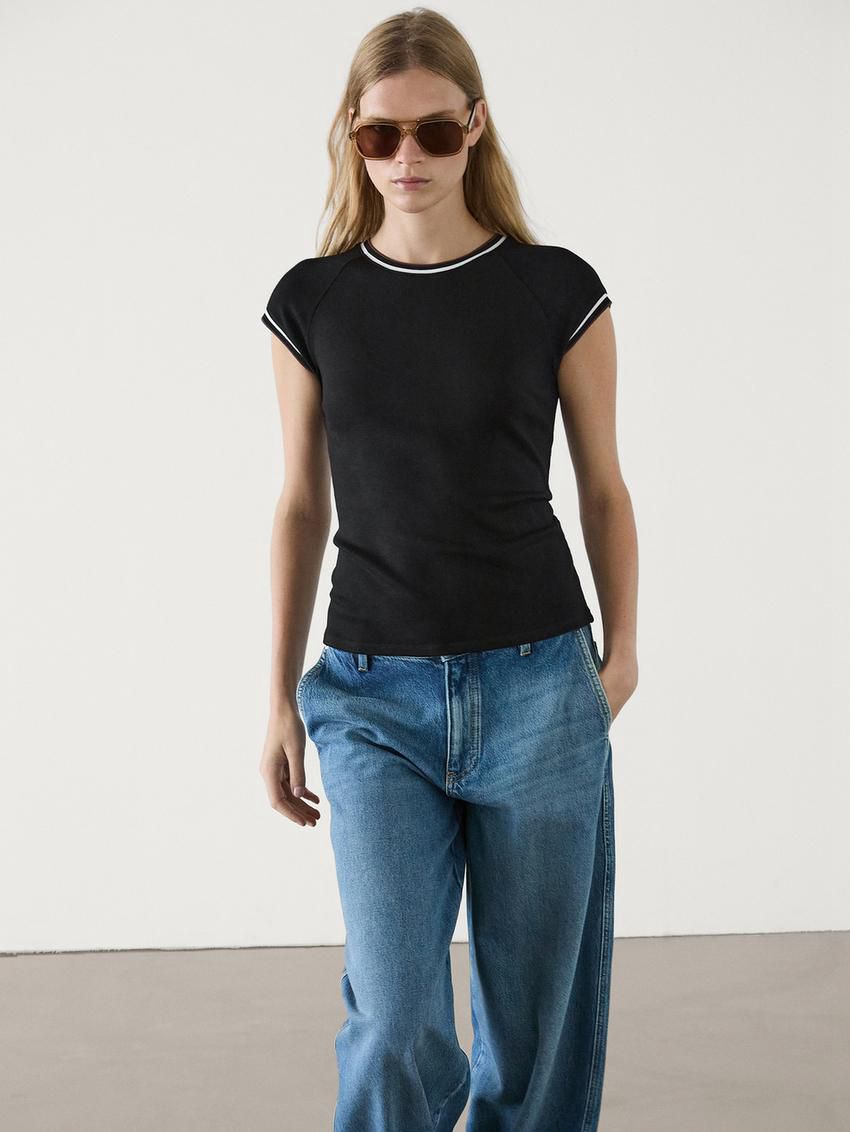 Massimo Dutti Short Sleeve Contrast Women T-Shirt Black | US-BE4861592
