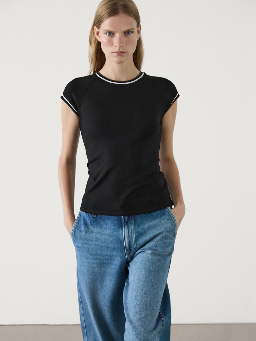 Massimo Dutti Short Sleeve Contrast Women T-Shirt Black | US-BE4861592