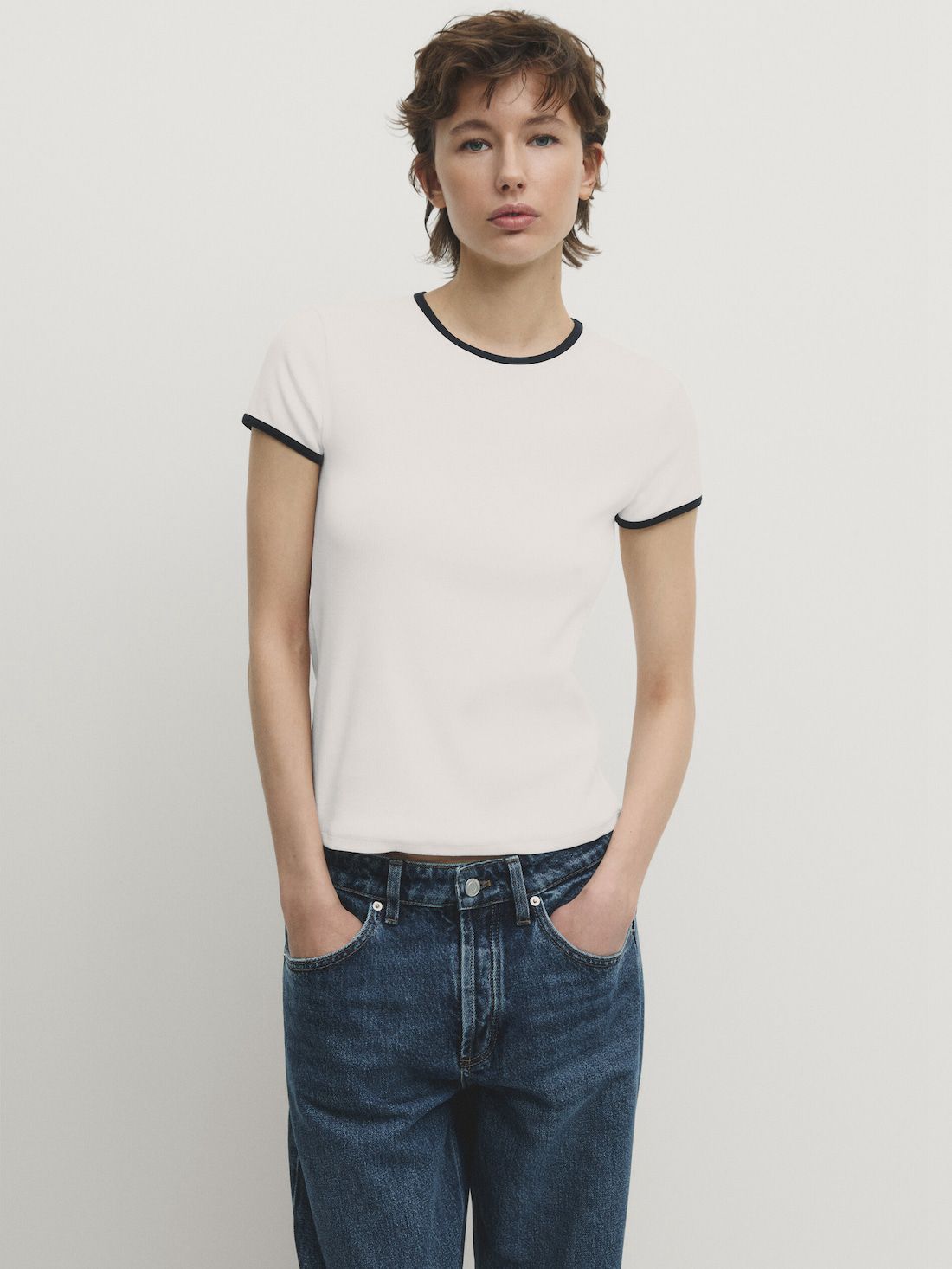 Massimo Dutti Short Sleeve Contrast Women T-Shirt White | US-MB8391256