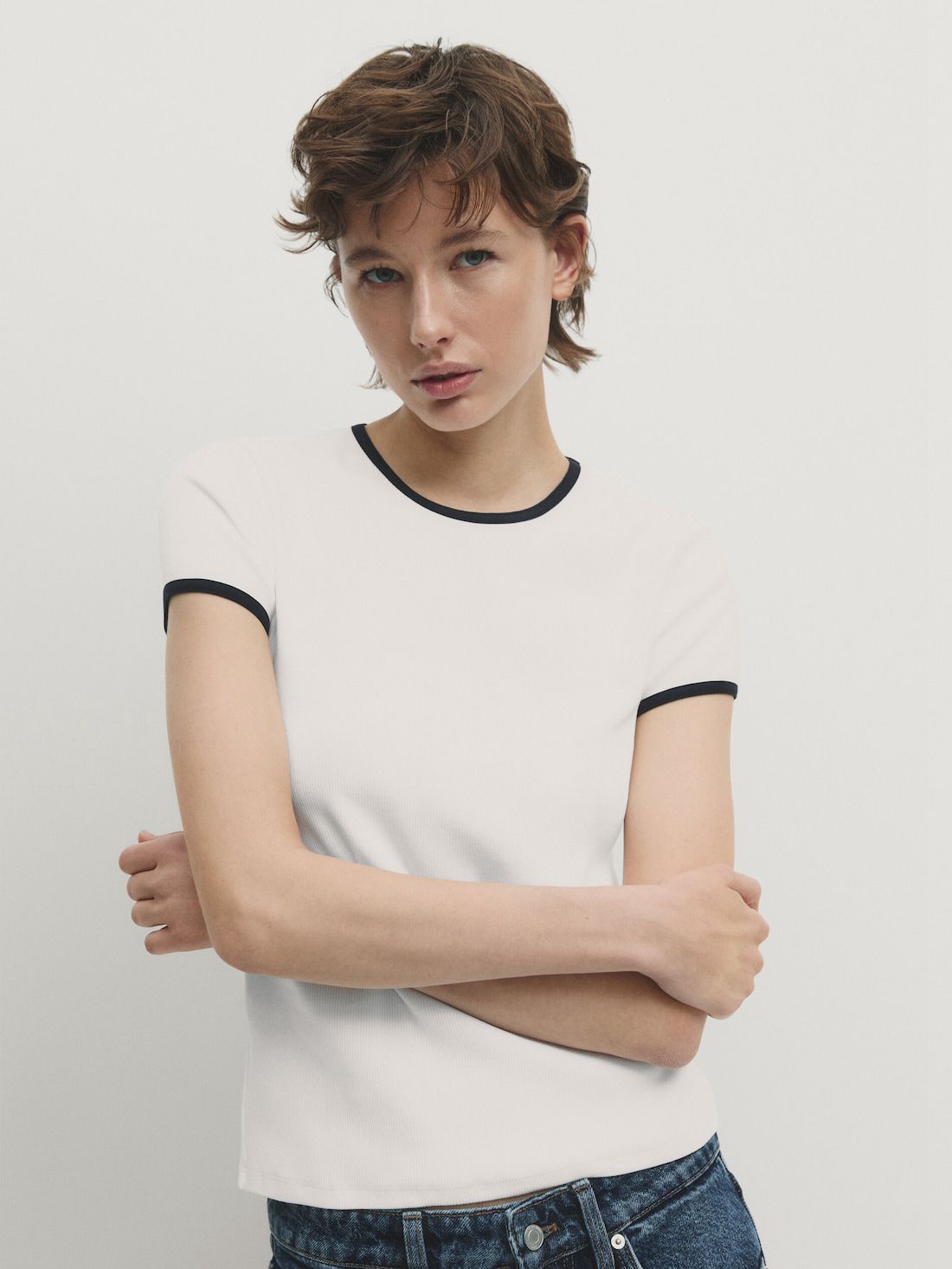 Massimo Dutti Short Sleeve Contrast Women T-Shirt White | US-MB8391256